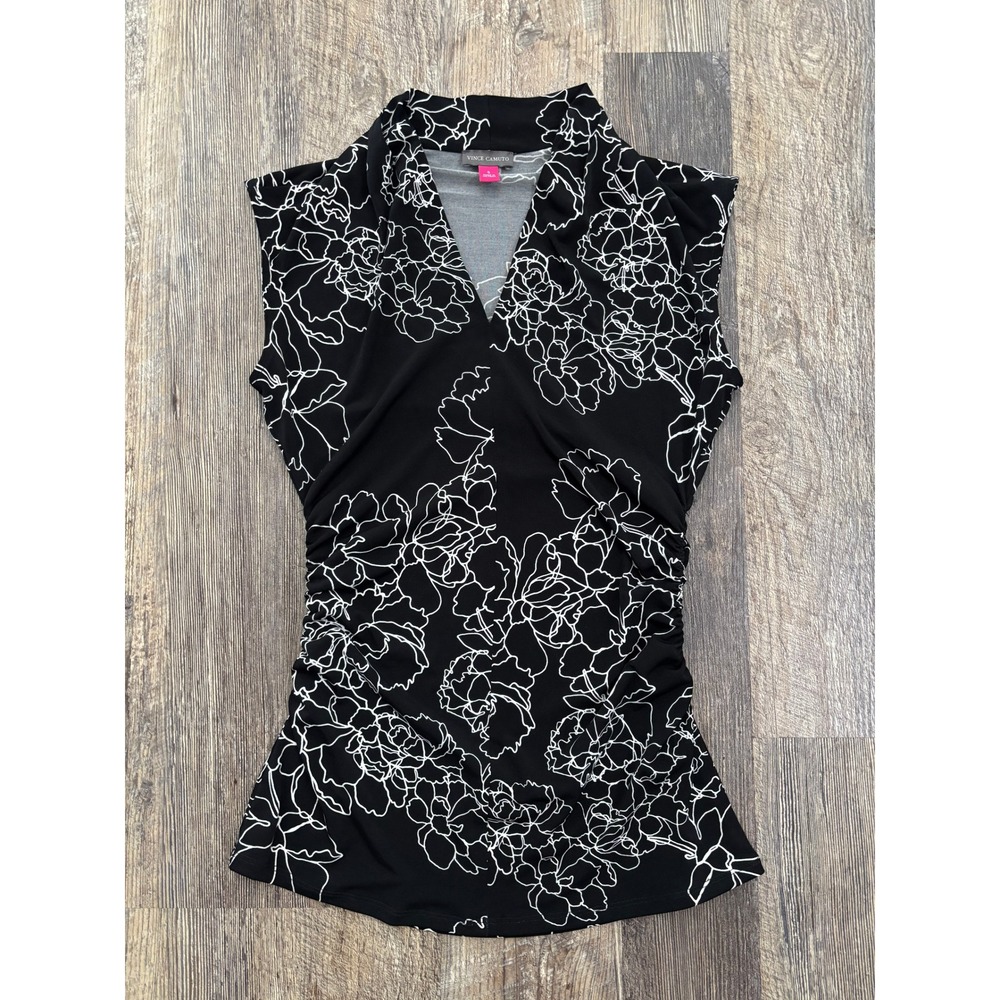 Vince Camuto Womens Small Black White Floral Ruched V-Neck Sleeveless Blouse Top
